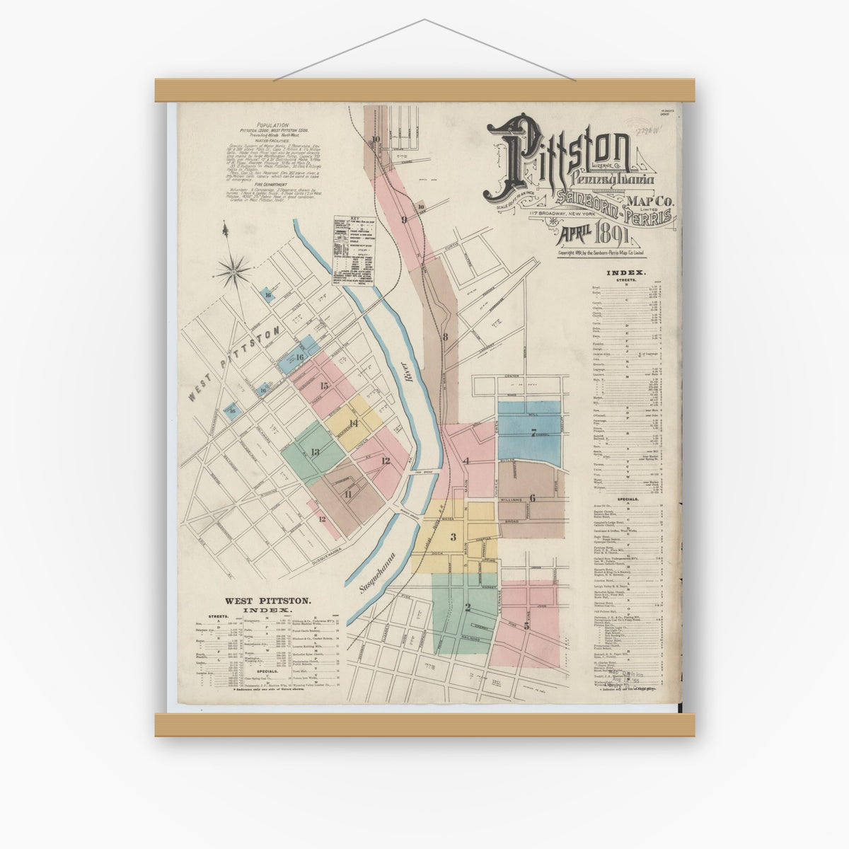 Old map wall art mockup — magnetic wood frame on white wall — Sanborn Fire Insurance Map from Pittston, Luzerne County, Pennsylvania (1891) - Complete Map Set