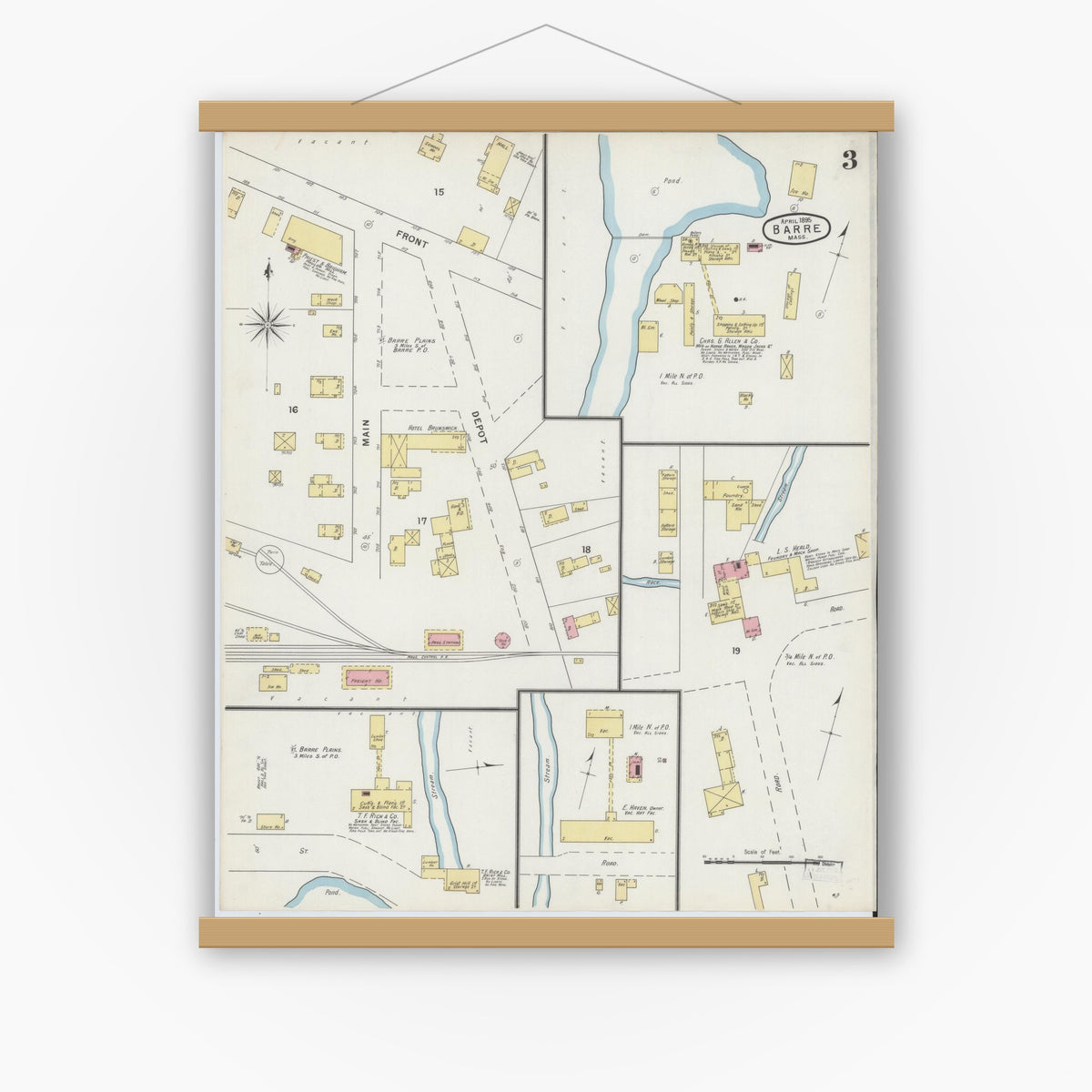Old map wall art mockup — magnetic wood frame on white wall — Sanborn Fire Insurance Map from Barre, Worcester County, Massachusetts (1895), Sheet #0003