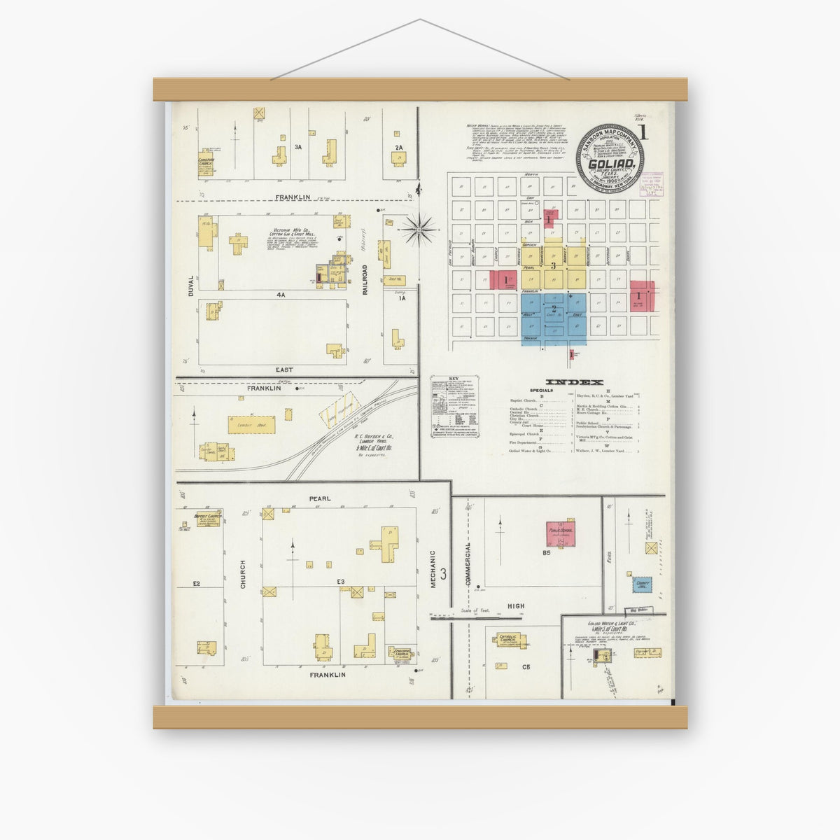 Old map wall art mockup — magnetic wood frame on white wall — Sanborn Fire Insurance Map from Goliad, Goliad County, Texas (1906) - Complete Map Set