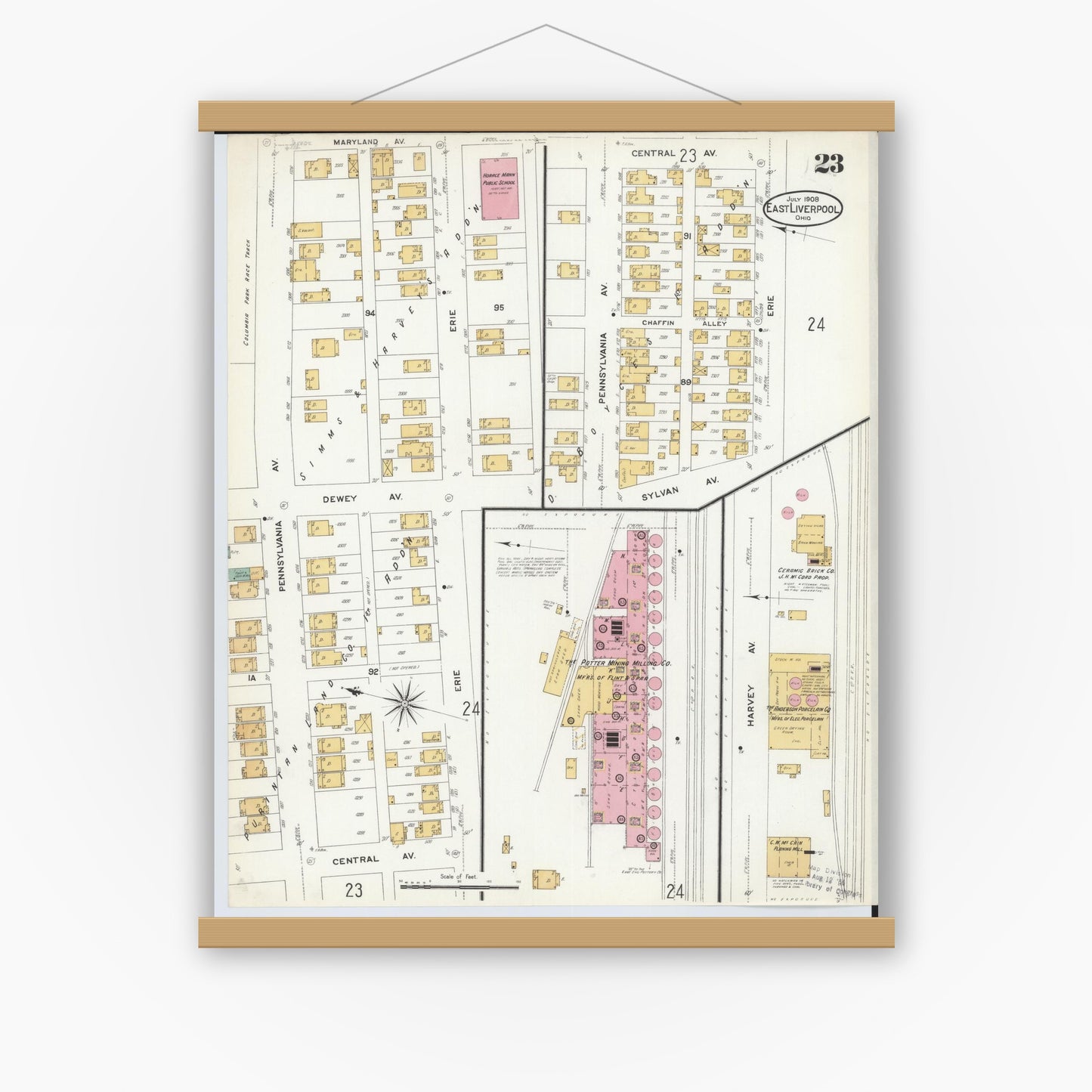 Old map wall art mockup — magnetic wood frame on white wall — Sanborn Fire Insurance Map from East Liverpool, Columbiana County, Ohio (1908), Sheet #0023
