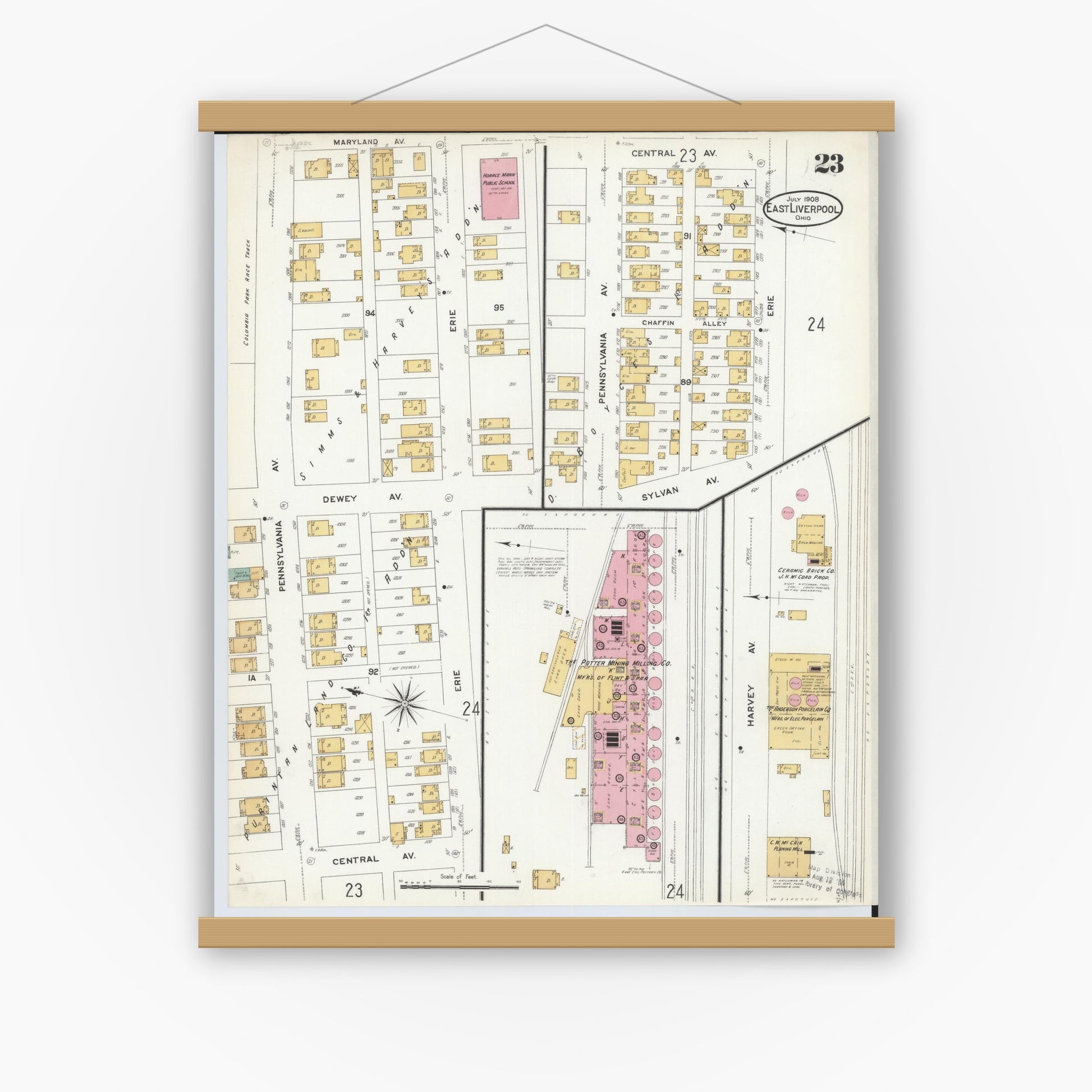 Old map wall art mockup — magnetic wood frame on white wall — Sanborn Fire Insurance Map from East Liverpool, Columbiana County, Ohio (1908), Sheet #0023