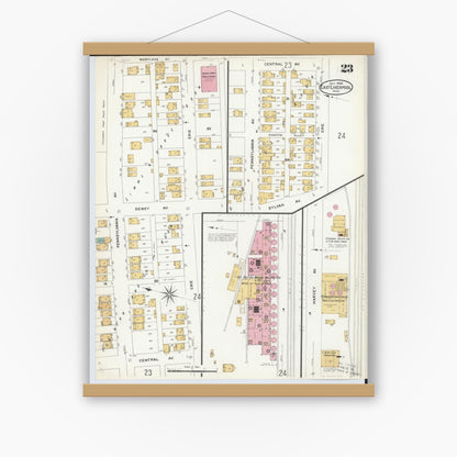 Old map wall art mockup — magnetic wood frame on white wall — Sanborn Fire Insurance Map from East Liverpool, Columbiana County, Ohio (1908), Sheet #0023