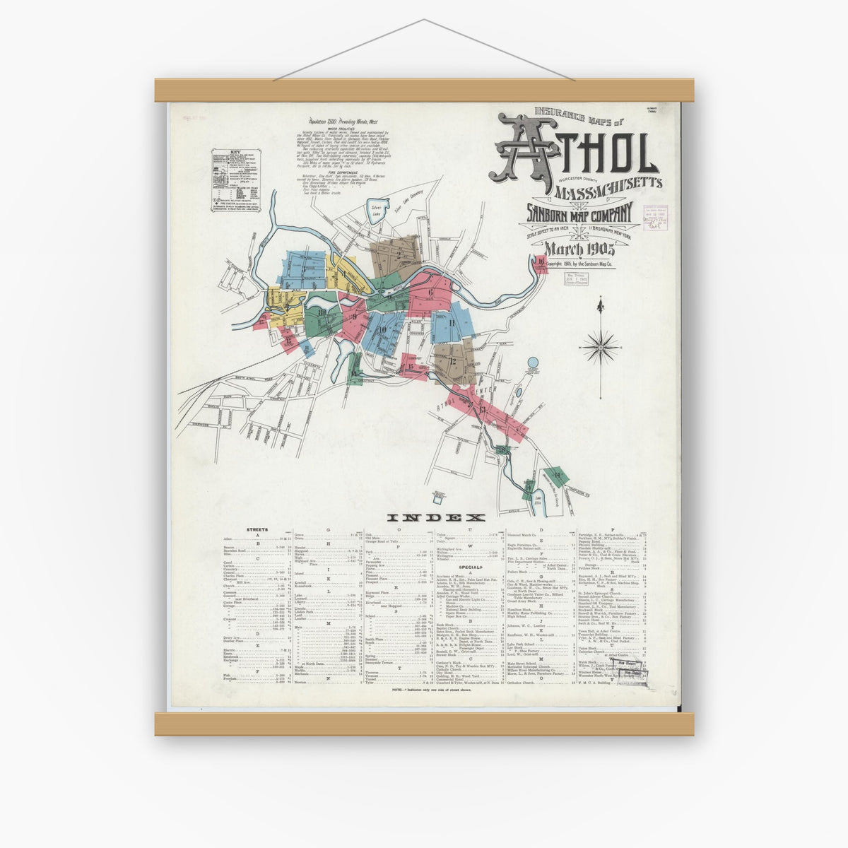 Old map wall art mockup — magnetic wood frame on white wall — Sanborn Fire Insurance Map from Athol, Worcester County, Massachusetts (1905) - Complete Map Set