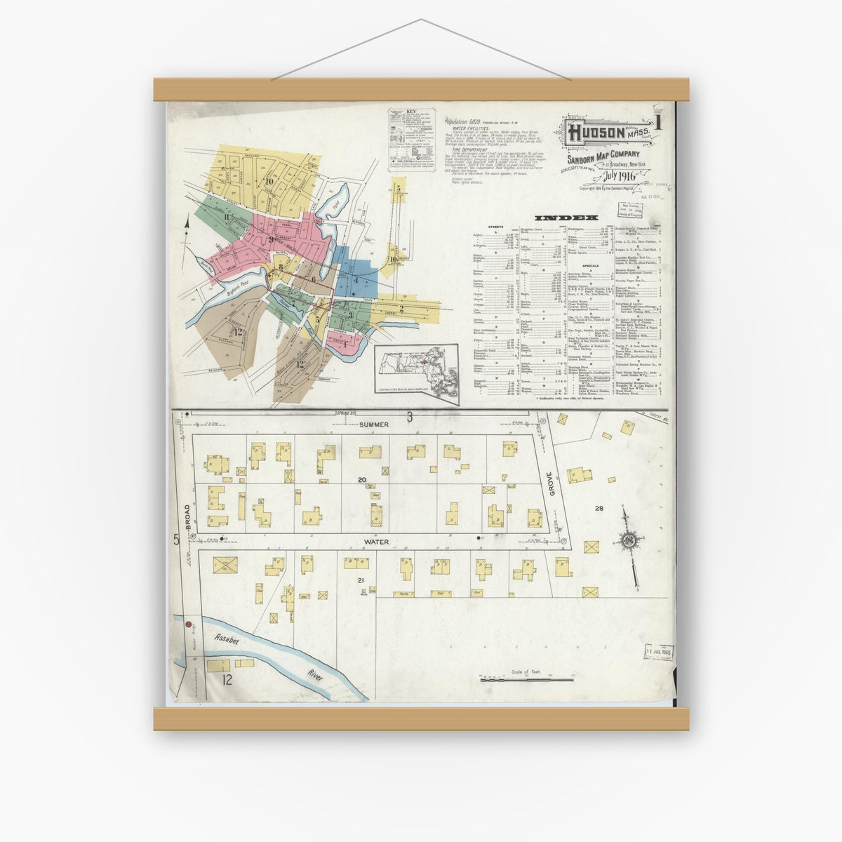 Old map wall art mockup — magnetic wood frame on white wall — Sanborn Fire Insurance Map from Hudson, Middlesex County, Massachusetts (1916) - Complete Map Set