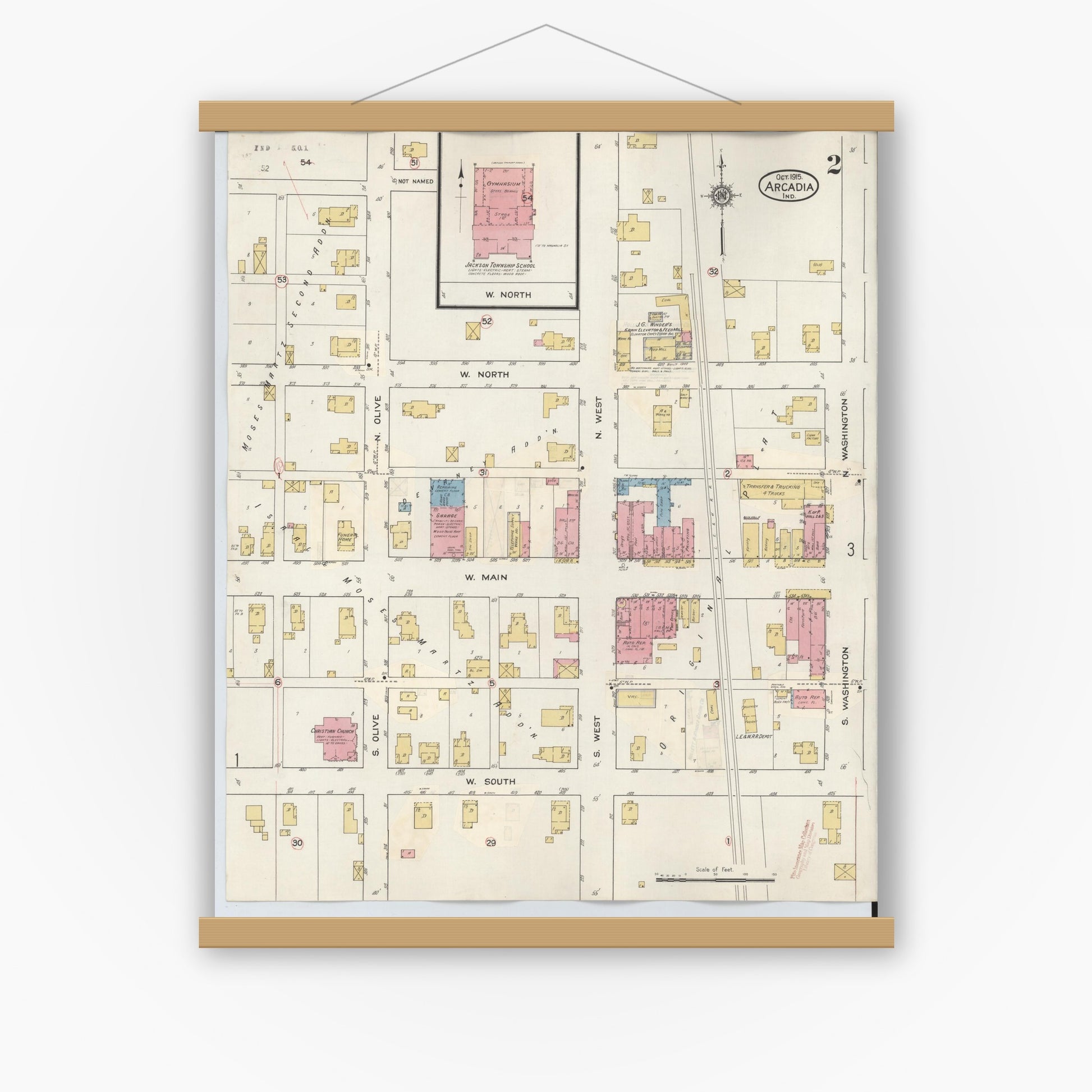 Old map wall art mockup — magnetic wood frame on white wall — Sanborn Fire Insurance Map from Arcadia, Hamilton County, Indiana (1933), Sheet #0002