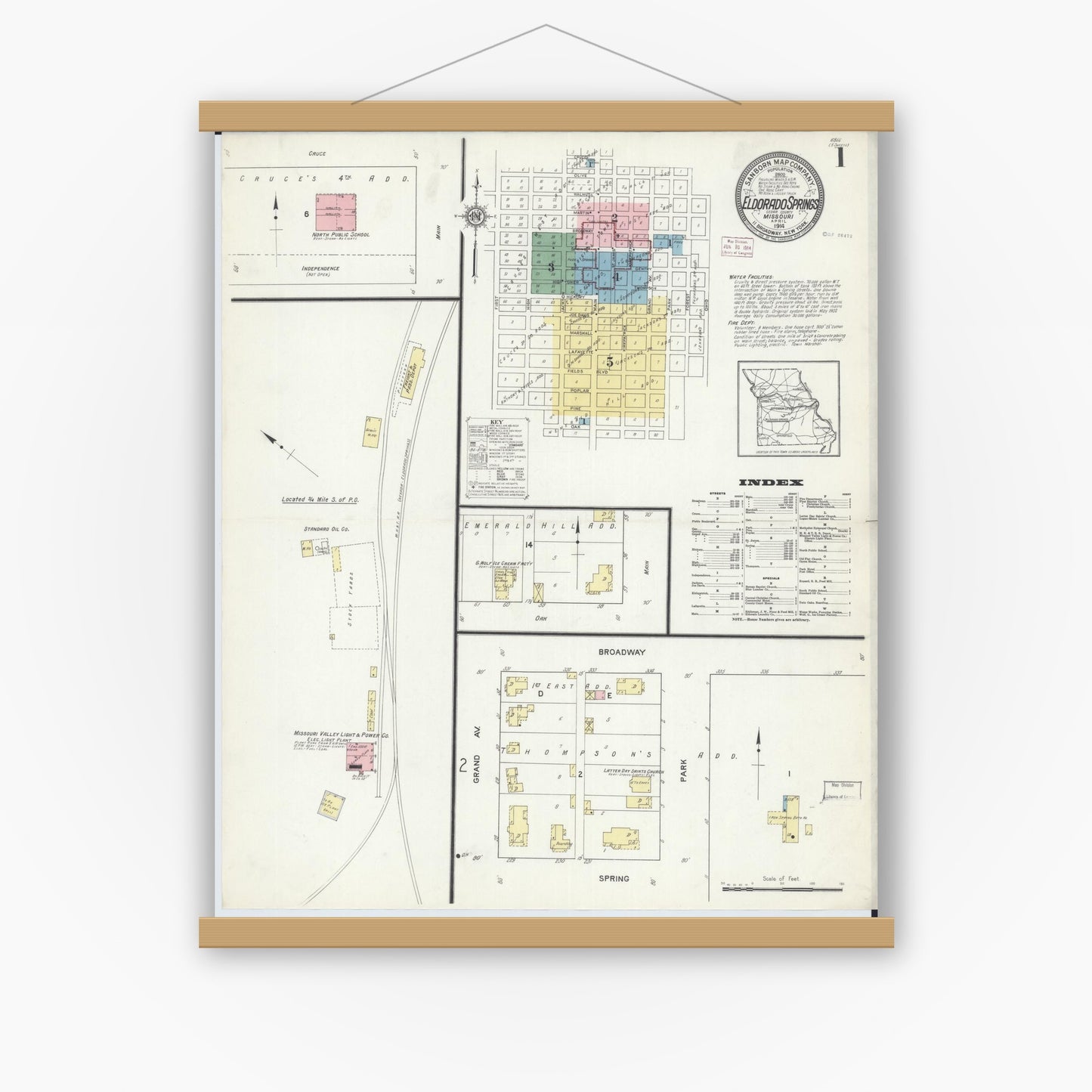 Old map wall art mockup — magnetic wood frame on white wall — Sanborn Fire Insurance Map from Eldorado Springs, Cedar County, Missouri (1914) - Complete Map Set
