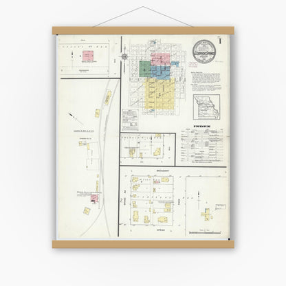 Old map wall art mockup — magnetic wood frame on white wall — Sanborn Fire Insurance Map from Eldorado Springs, Cedar County, Missouri (1914) - Complete Map Set