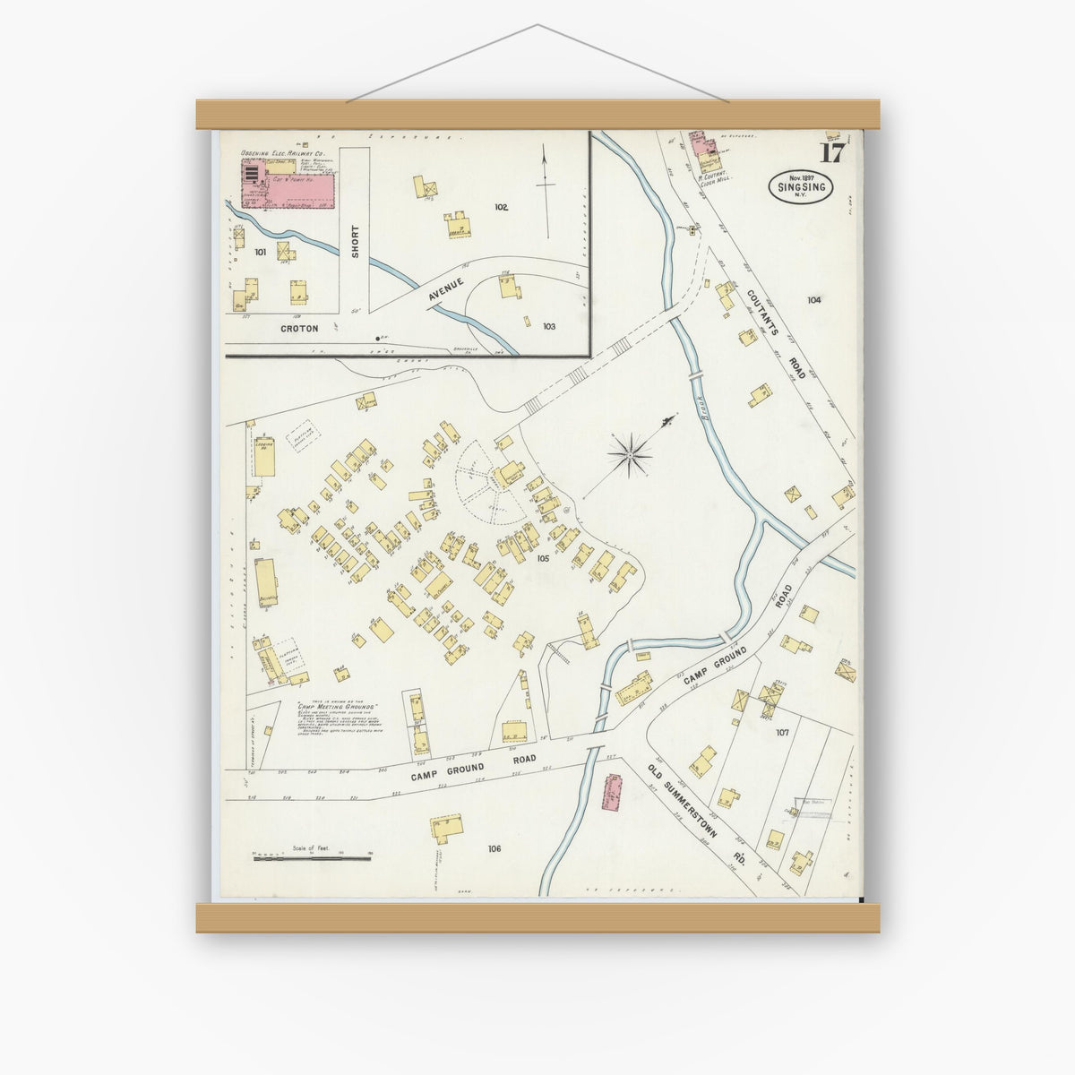 Old map wall art mockup — magnetic wood frame on white wall — Sanborn Fire Insurance Map from Sing Sing, Westchester County, New York (1897), Sheet #0017
