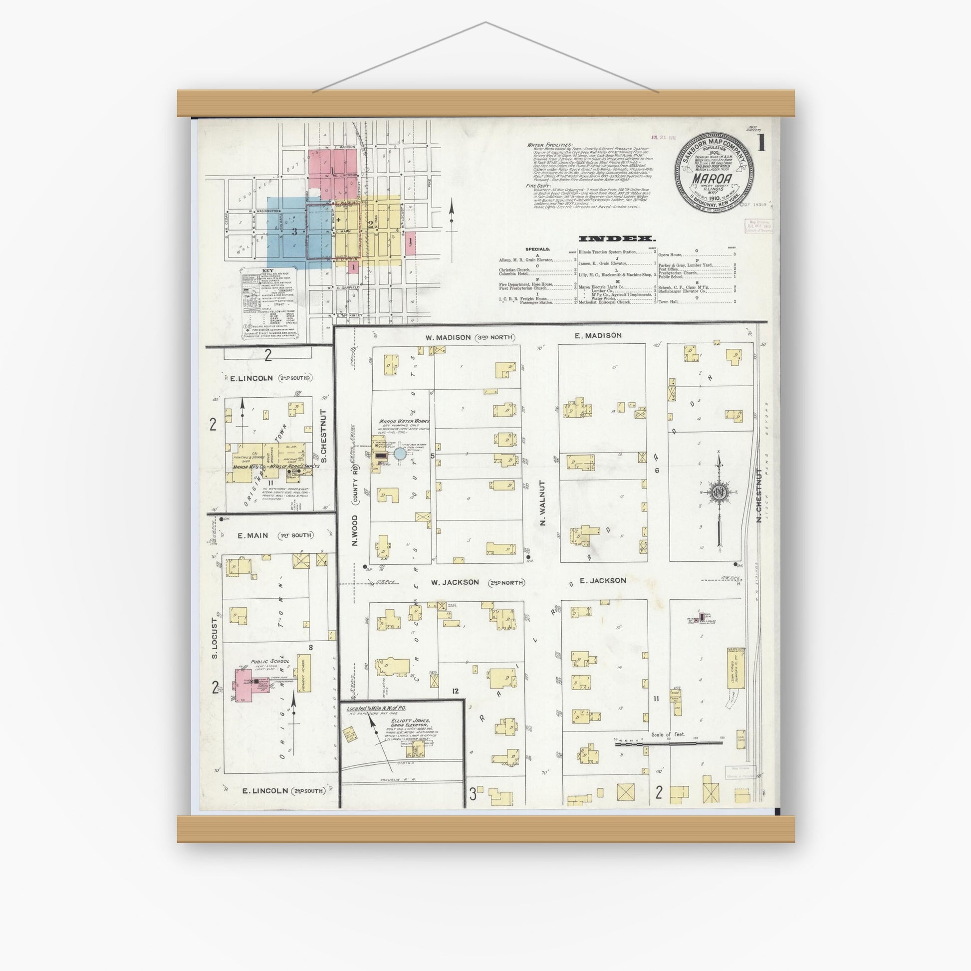 Old map wall art mockup — magnetic wood frame on white wall — Sanborn Fire Insurance Map from Maroa, Macon County, Illinois (1910), Sheet #0001