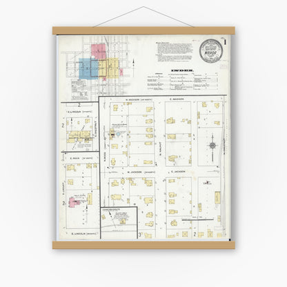 Old map wall art mockup — magnetic wood frame on white wall — Sanborn Fire Insurance Map from Maroa, Macon County, Illinois (1910), Sheet #0001