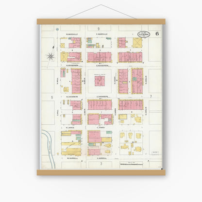 Old map wall art mockup — magnetic wood frame on white wall — Sanborn Fire Insurance Map from Cleburne, Johnson County, Texas (1904), Sheet #0006
