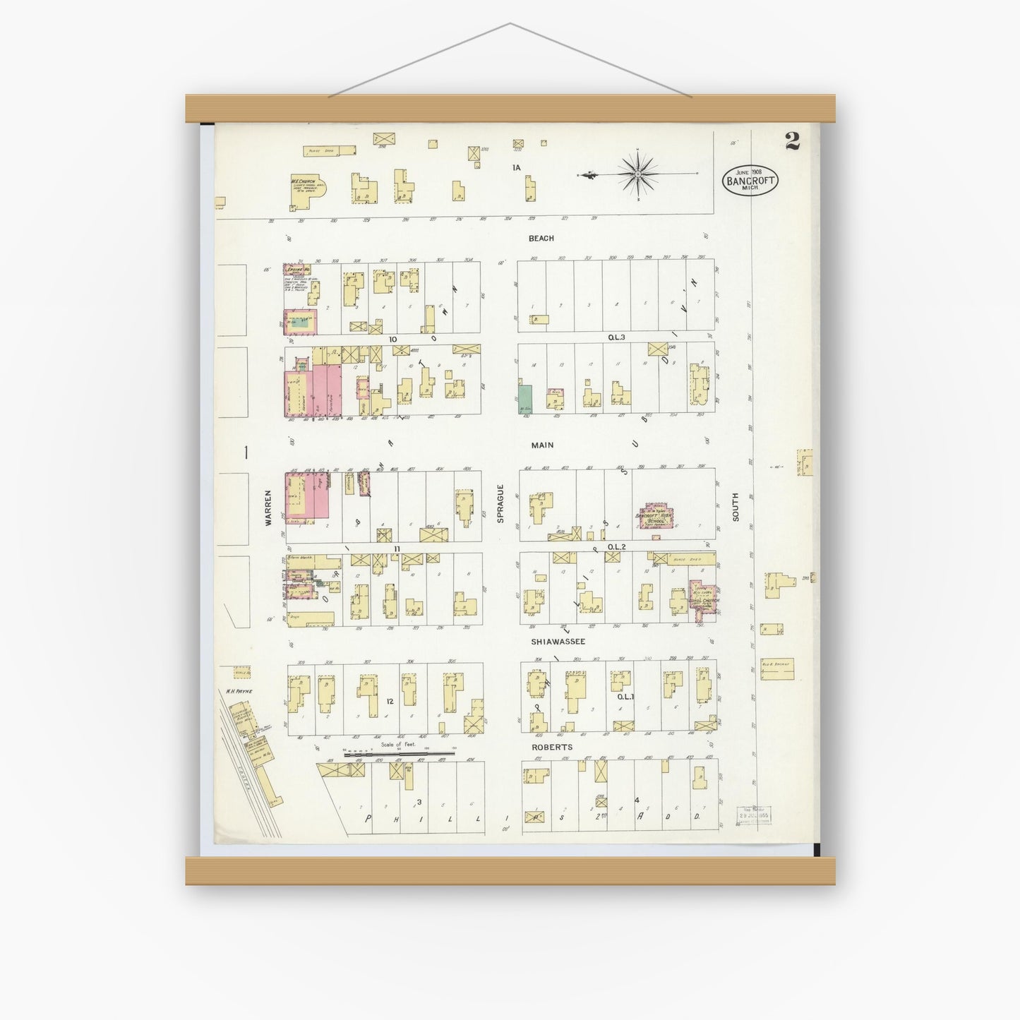 Old map wall art mockup — magnetic wood frame on white wall — Sanborn Fire Insurance Map from Bancroft, Shiawassee County, Michigan (1908), Sheet #0002