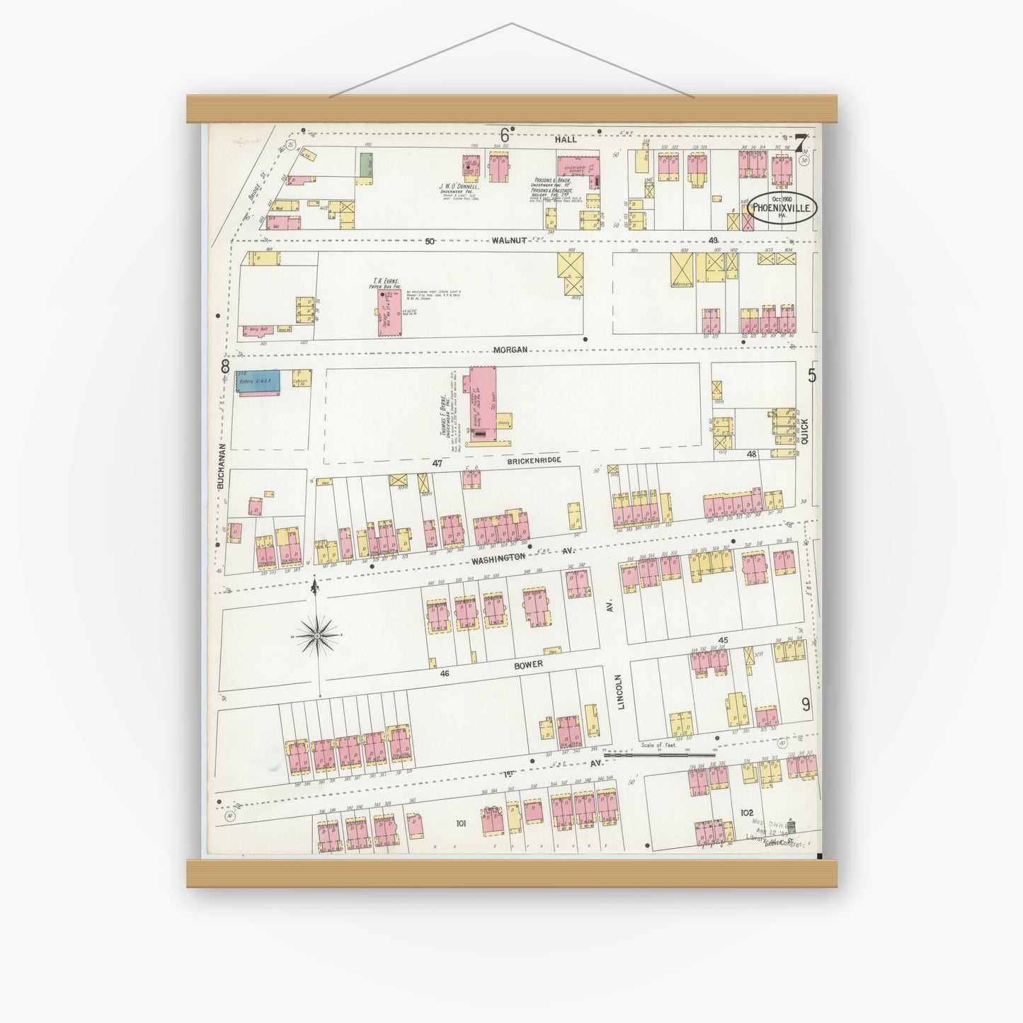 Old map wall art mockup — magnetic wood frame on white wall — Sanborn Fire Insurance Map from Phoenixville, Chester County, Pennsylvania (1900), Sheet #0007