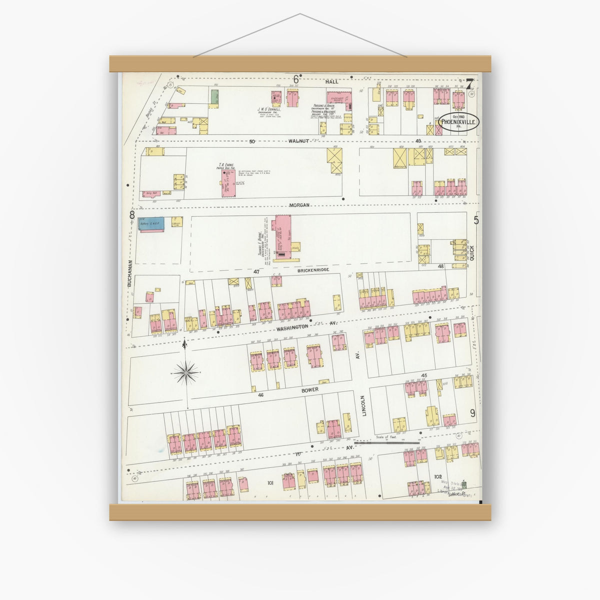 Old map wall art mockup — magnetic wood frame on white wall — Sanborn Fire Insurance Map from Phoenixville, Chester County, Pennsylvania (1900), Sheet #0007