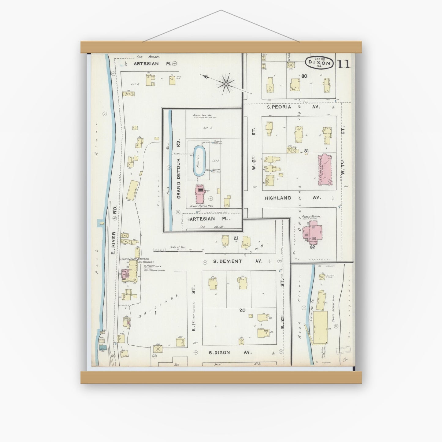 Old map wall art mockup — magnetic wood frame on white wall — Sanborn Fire Insurance Map from Dixon, Lee County, Illinois (1891), Sheet #0011