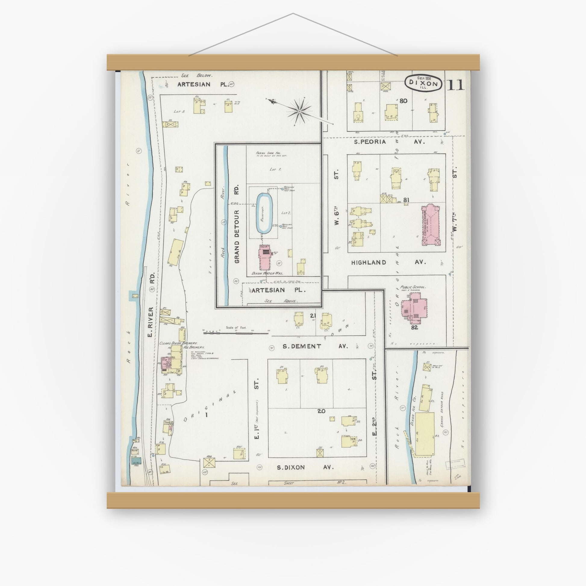 Old map wall art mockup — magnetic wood frame on white wall — Sanborn Fire Insurance Map from Dixon, Lee County, Illinois (1891), Sheet #0011