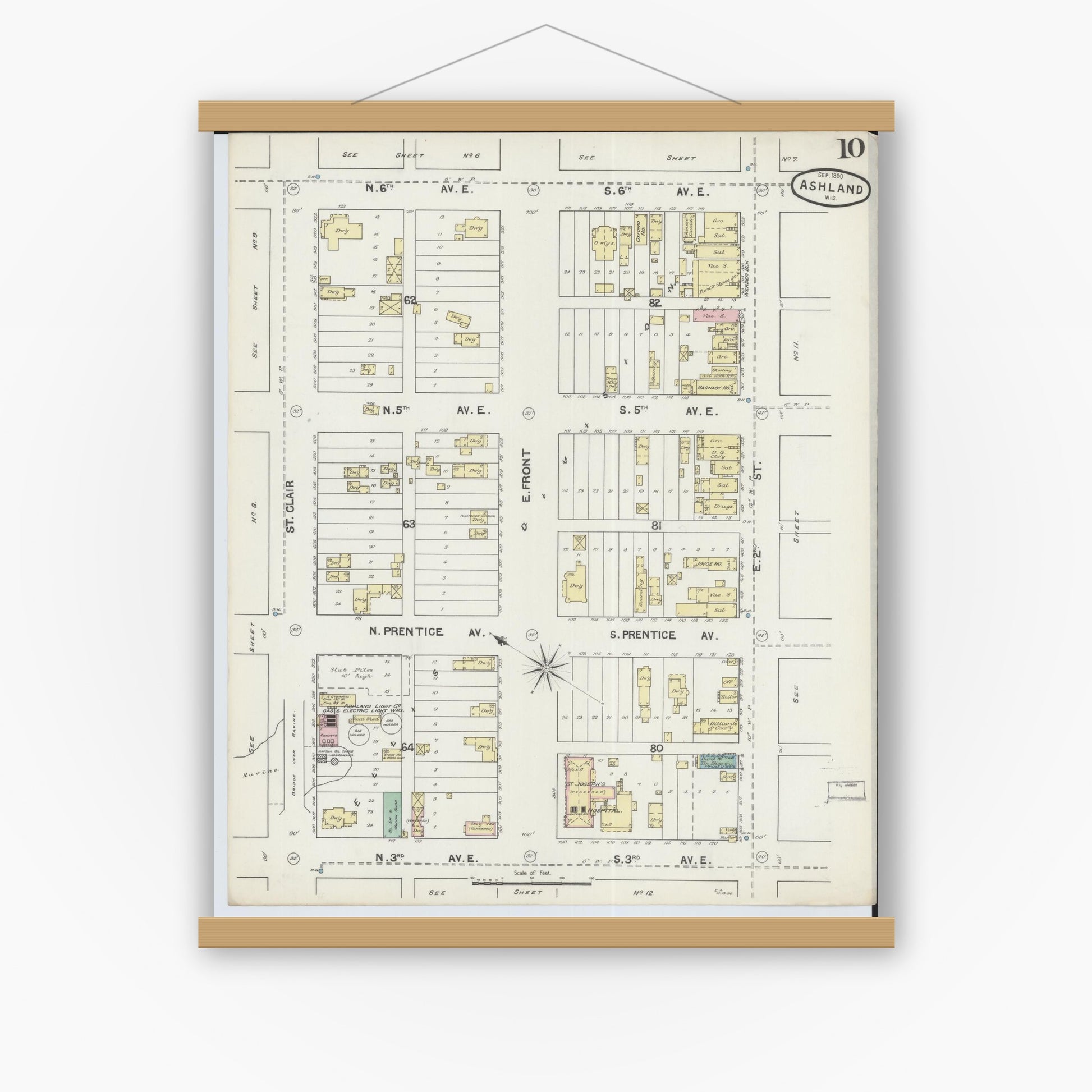 Old map wall art mockup — magnetic wood frame on white wall — Sanborn Fire Insurance Map from Ashland, Ashland County, Wisconsin (1890), Sheet #0010