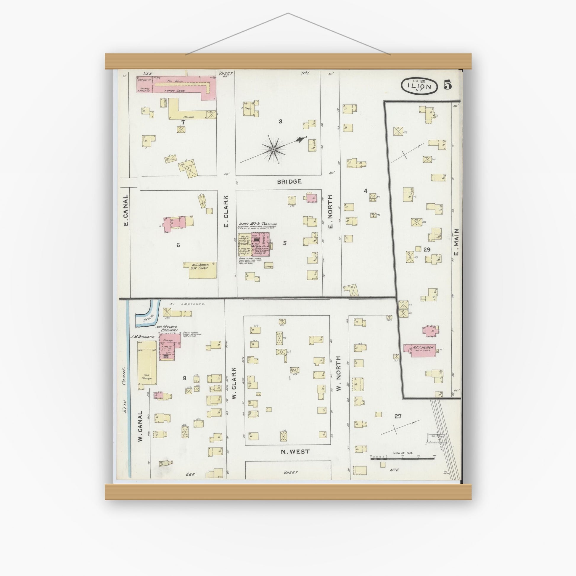 Old map wall art mockup — magnetic wood frame on white wall — Sanborn Fire Insurance Map from Ilion, Herkimer County, New York (1891), Sheet #0005