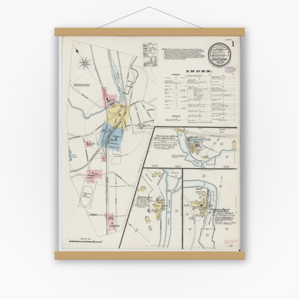 Old map wall art mockup — magnetic wood frame on white wall — Sanborn Fire Insurance Map from Chatham, Columbia County, New York (1886) - Complete Map Set