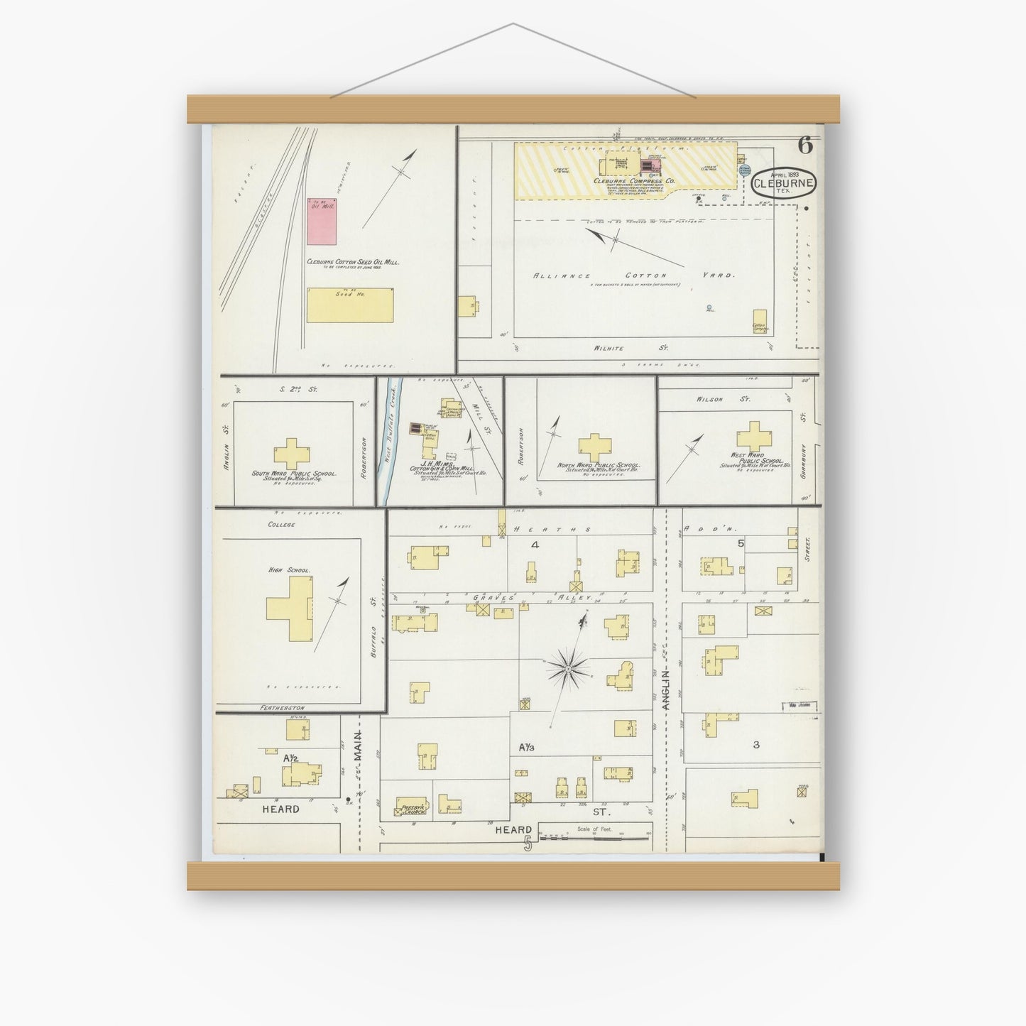 Old map wall art mockup — magnetic wood frame on white wall — Sanborn Fire Insurance Map from Cleburne, Johnson County, Texas (1893), Sheet #0006