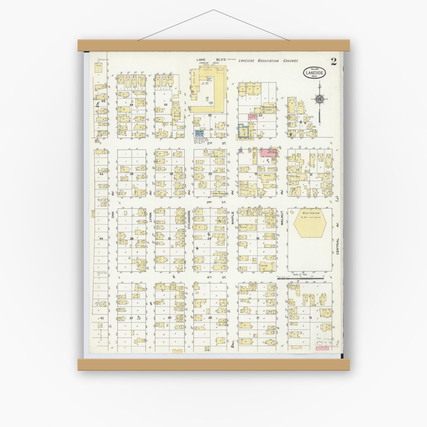 Old map wall art mockup — magnetic wood frame on white wall — Sanborn Fire Insurance Map from Lakeside, Ottawa County, Ohio (1910), Sheet #0002