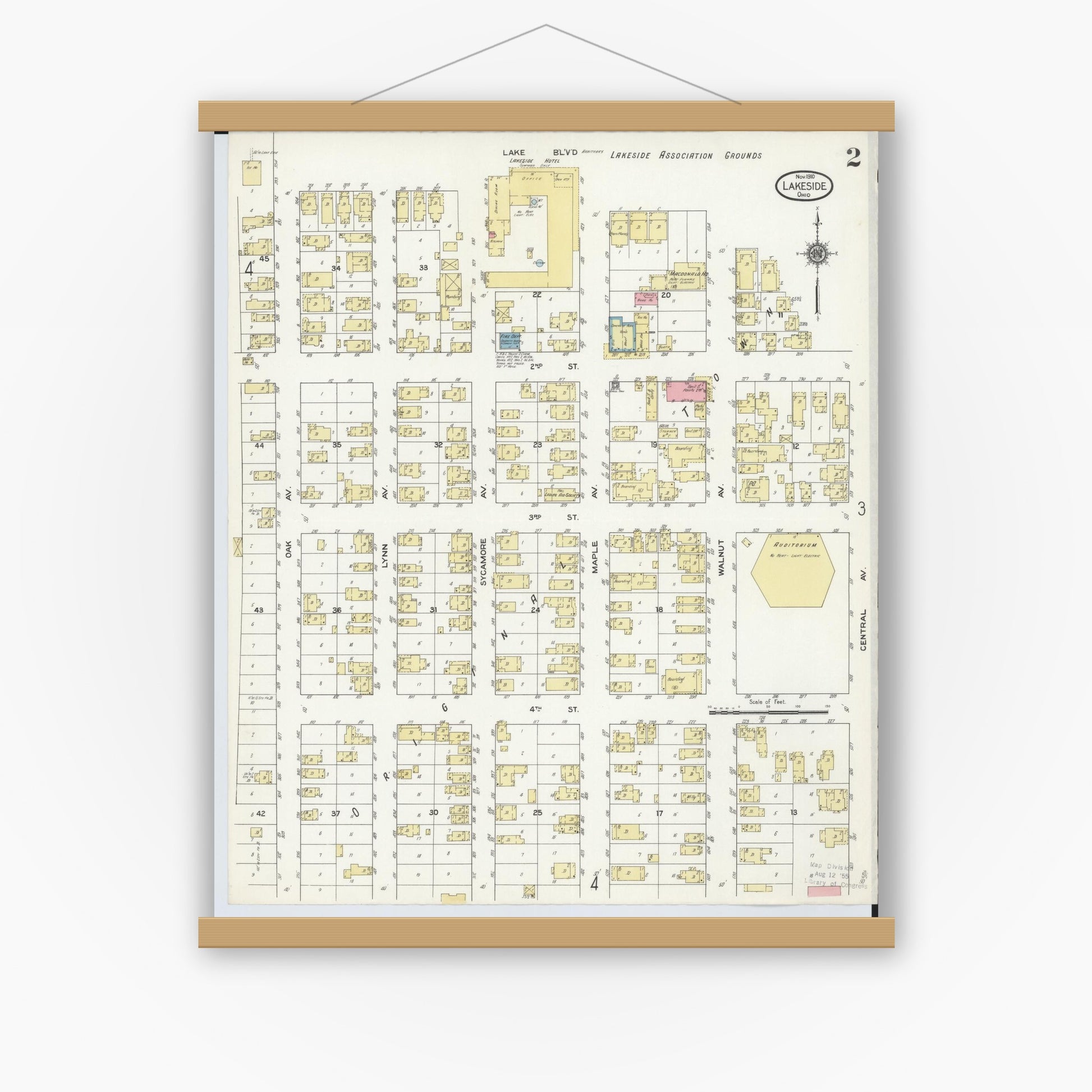Old map wall art mockup — magnetic wood frame on white wall — Sanborn Fire Insurance Map from Lakeside, Ottawa County, Ohio (1910), Sheet #0002