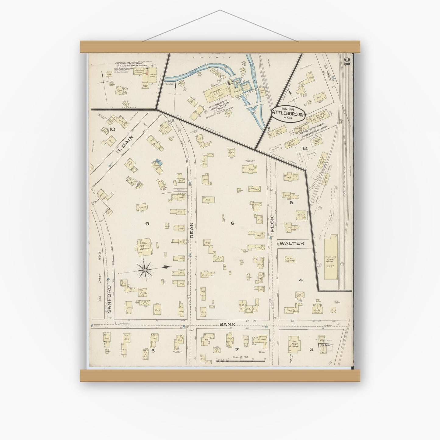 Old map wall art mockup — magnetic wood frame on white wall — Sanborn Fire Insurance Map from Attleboro, Bristol County, Massachusetts (1885), Sheet #0002