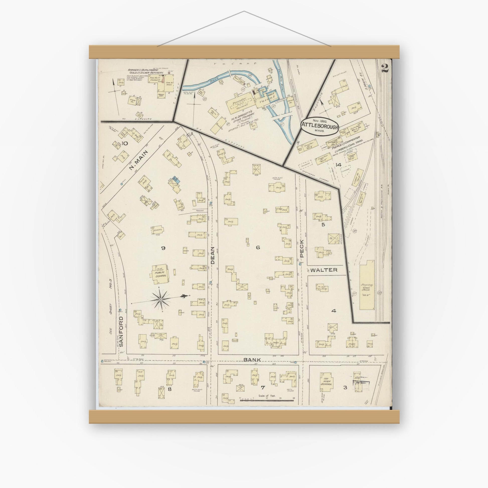 Old map wall art mockup — magnetic wood frame on white wall — Sanborn Fire Insurance Map from Attleboro, Bristol County, Massachusetts (1885), Sheet #0002
