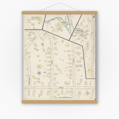 Old map wall art mockup — magnetic wood frame on white wall — Sanborn Fire Insurance Map from Attleboro, Bristol County, Massachusetts (1885), Sheet #0002
