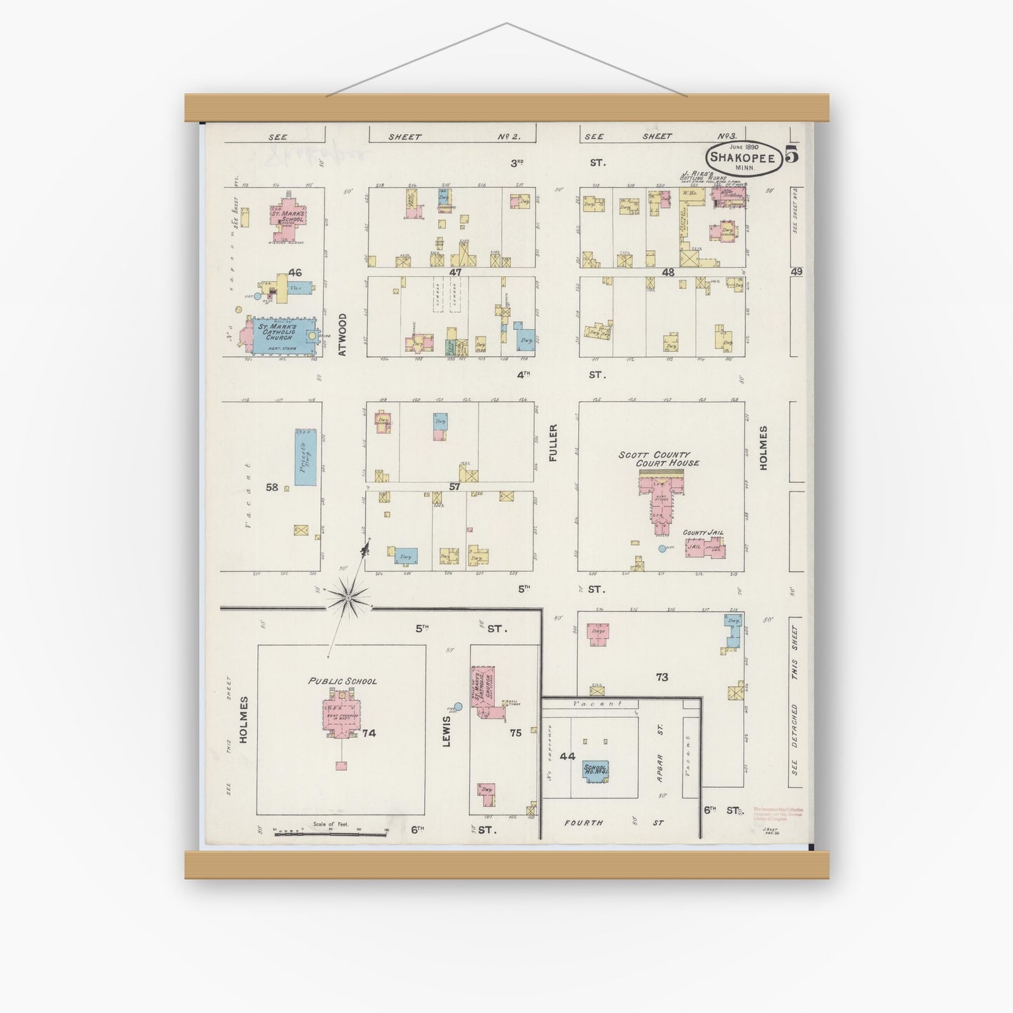 Old map wall art mockup — magnetic wood frame on white wall — Sanborn Fire Insurance Map from Shakopee, Scott County, Minnesota (1890), Sheet #0005