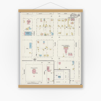 Old map wall art mockup — magnetic wood frame on white wall — Sanborn Fire Insurance Map from Shakopee, Scott County, Minnesota (1890), Sheet #0005