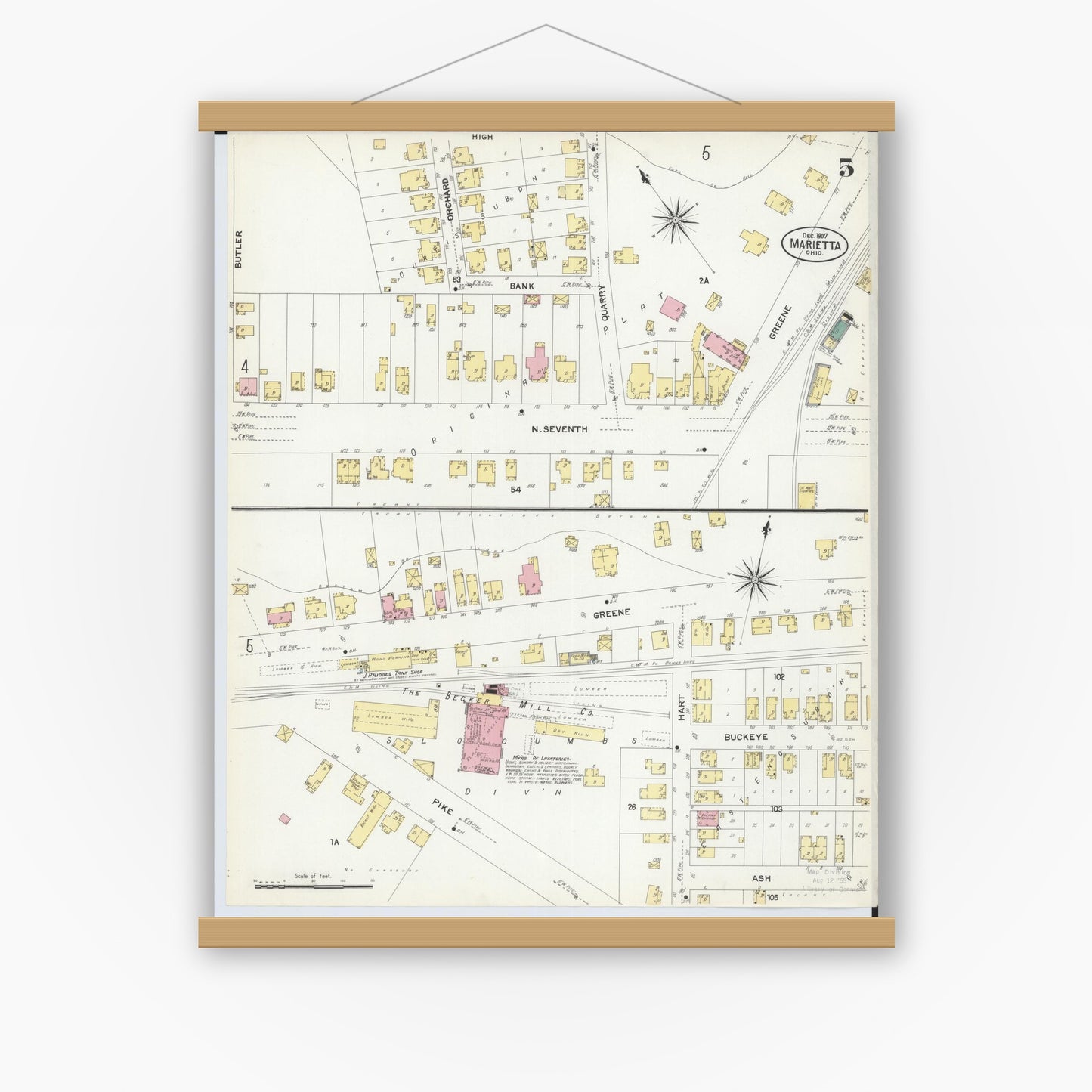 Old map wall art mockup — magnetic wood frame on white wall — Sanborn Fire Insurance Map from Marietta, Washington County, Ohio (1907), Sheet #0005