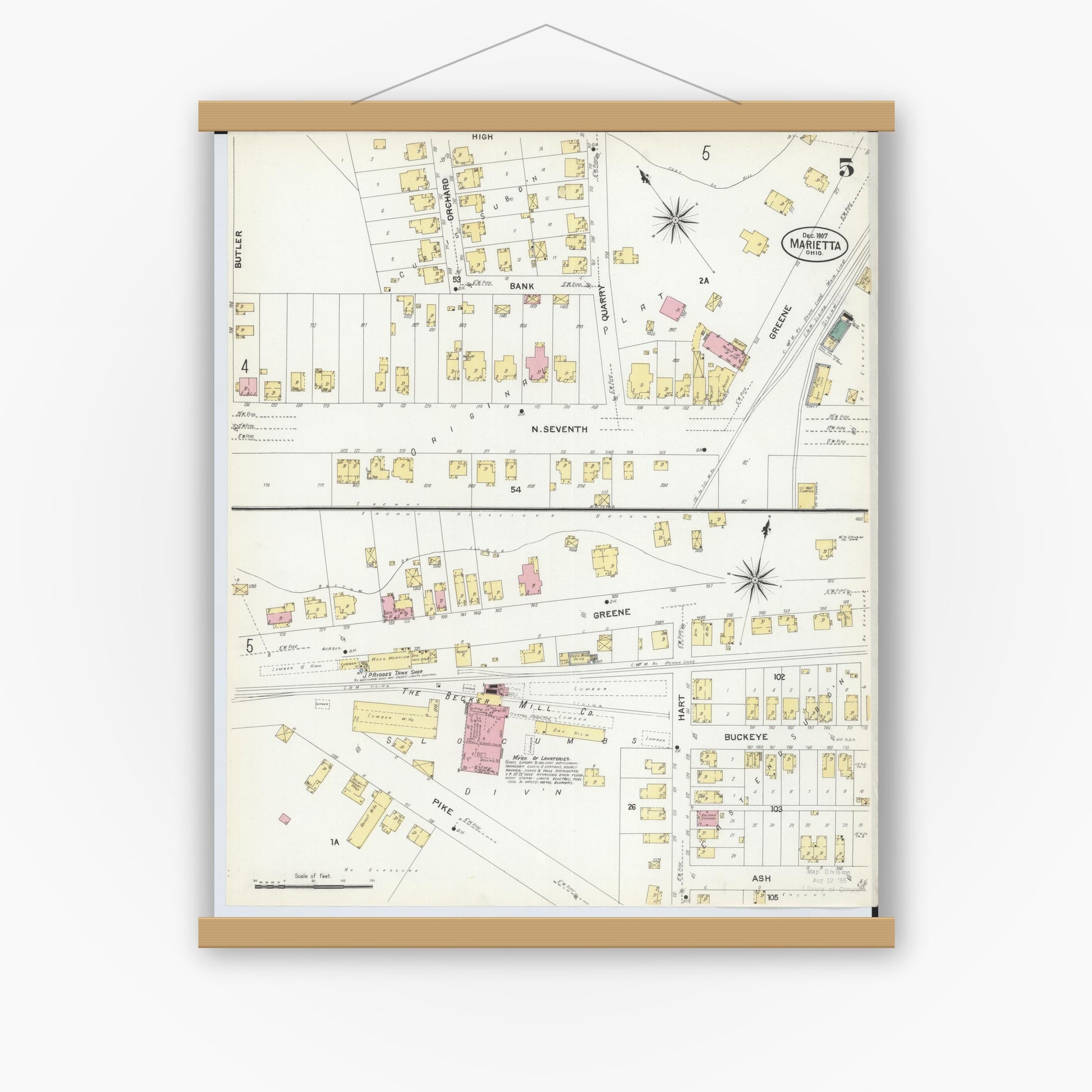 Old map wall art mockup — magnetic wood frame on white wall — Sanborn Fire Insurance Map from Marietta, Washington County, Ohio (1907), Sheet #0005