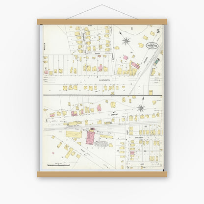 Old map wall art mockup — magnetic wood frame on white wall — Sanborn Fire Insurance Map from Marietta, Washington County, Ohio (1907), Sheet #0005