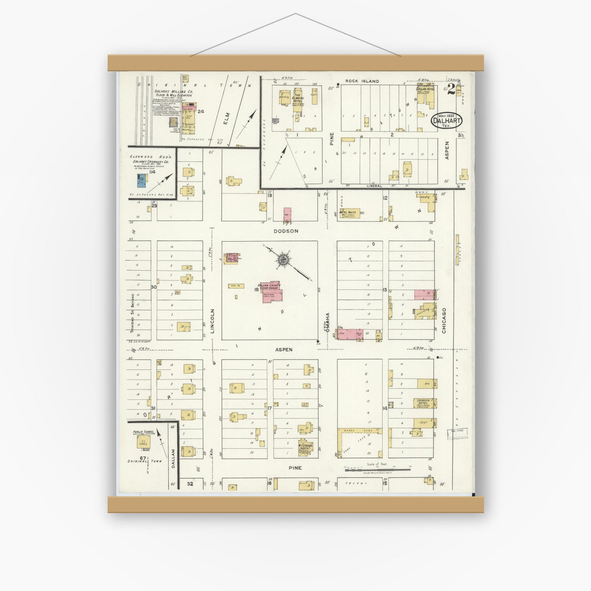 Old map wall art mockup — magnetic wood frame on white wall — Sanborn Fire Insurance Map from Dalhart, Dallam And Hartley County, Texas (1920), Sheet #0002