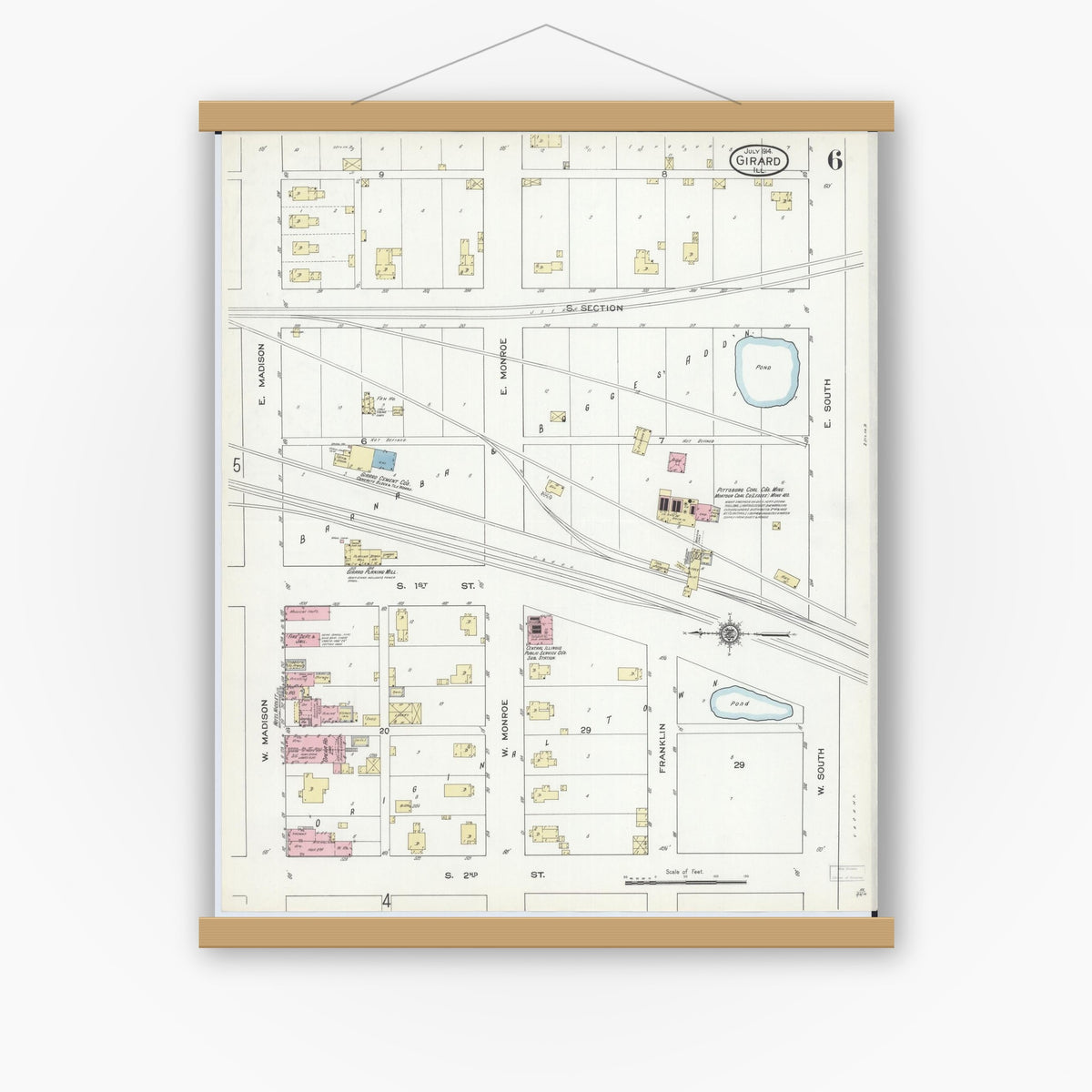 Old map wall art mockup — magnetic wood frame on white wall — Sanborn Fire Insurance Map from Girard, Macoupin County, Illinois (1914), Sheet #0006