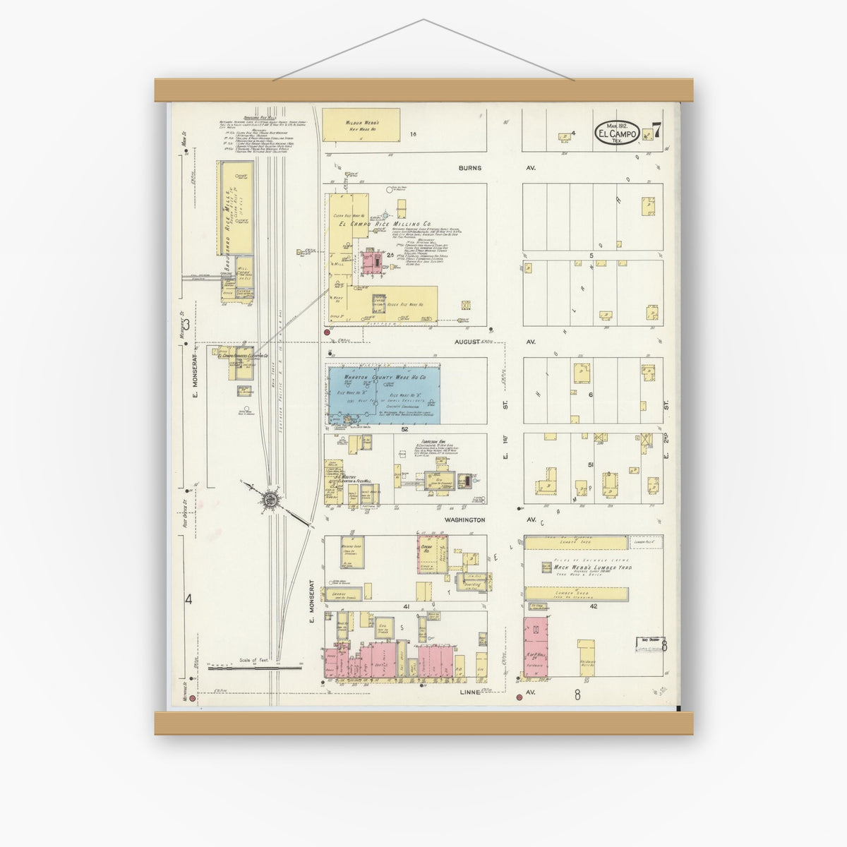 Old map wall art mockup — magnetic wood frame on white wall — Sanborn Fire Insurance Map from El Campo, Wharton County, Texas (1912), Sheet #0007