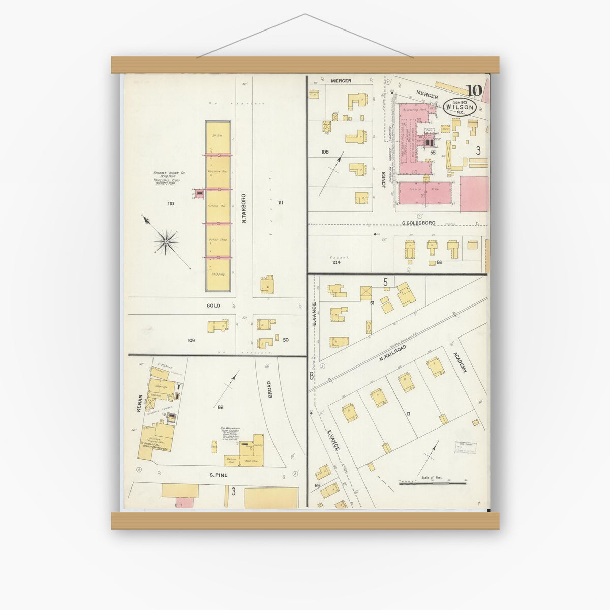 Old map wall art mockup — magnetic wood frame on white wall — Sanborn Fire Insurance Map from Wilson, Wilson County, North Carolina (1903), Sheet #0010