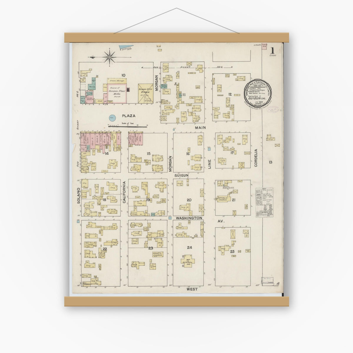 Old map wall art mockup — magnetic wood frame on white wall — Sanborn Fire Insurance Map from Suisun, Solano County, California (1888) - Complete Map Set