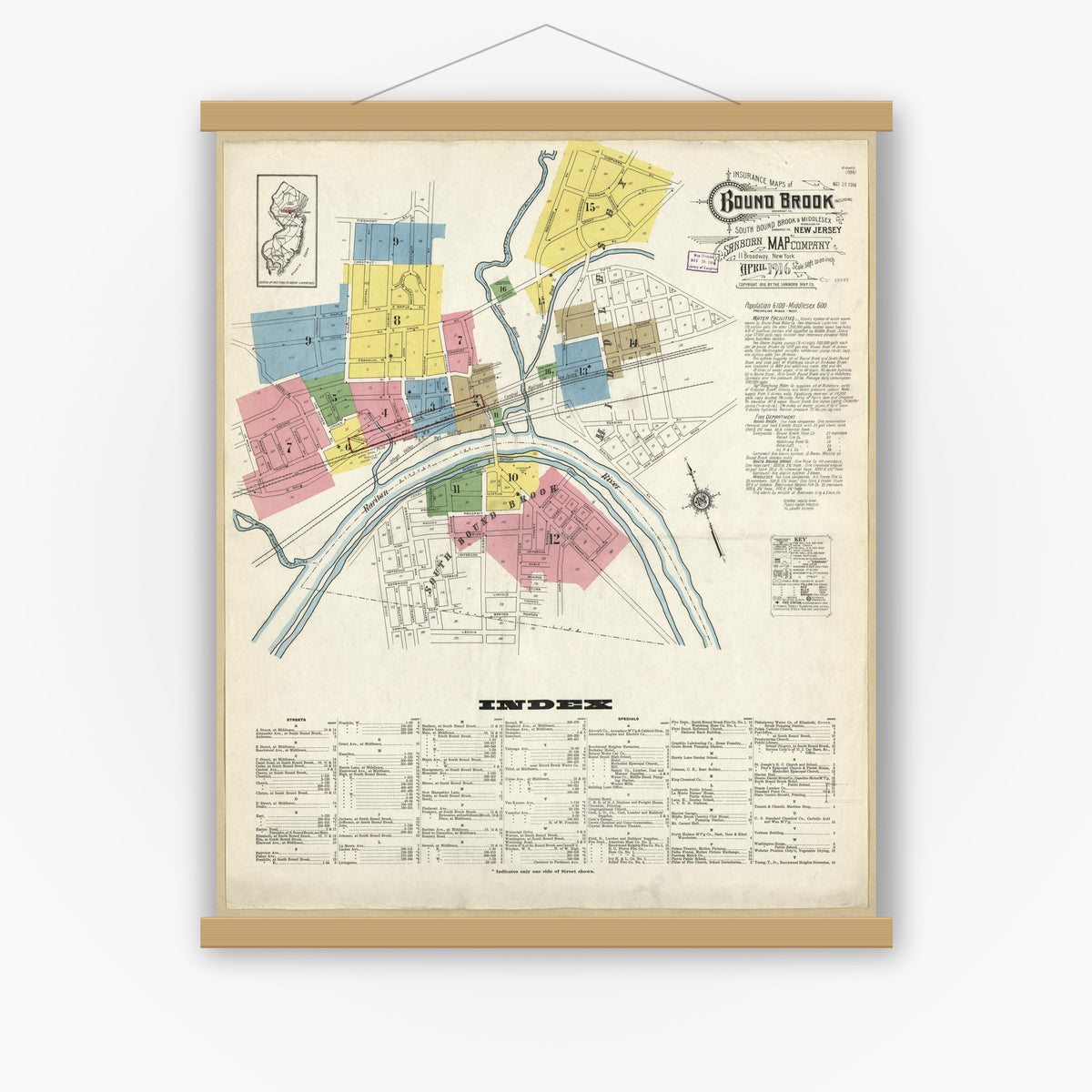 Old map wall art mockup — magnetic wood frame on white wall — Sanborn Fire Insurance Map from Bound Brook, Somerset County, New Jersey (1916), Sheet #0001