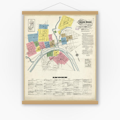 Old map wall art mockup — magnetic wood frame on white wall — Sanborn Fire Insurance Map from Bound Brook, Somerset County, New Jersey (1916), Sheet #0001