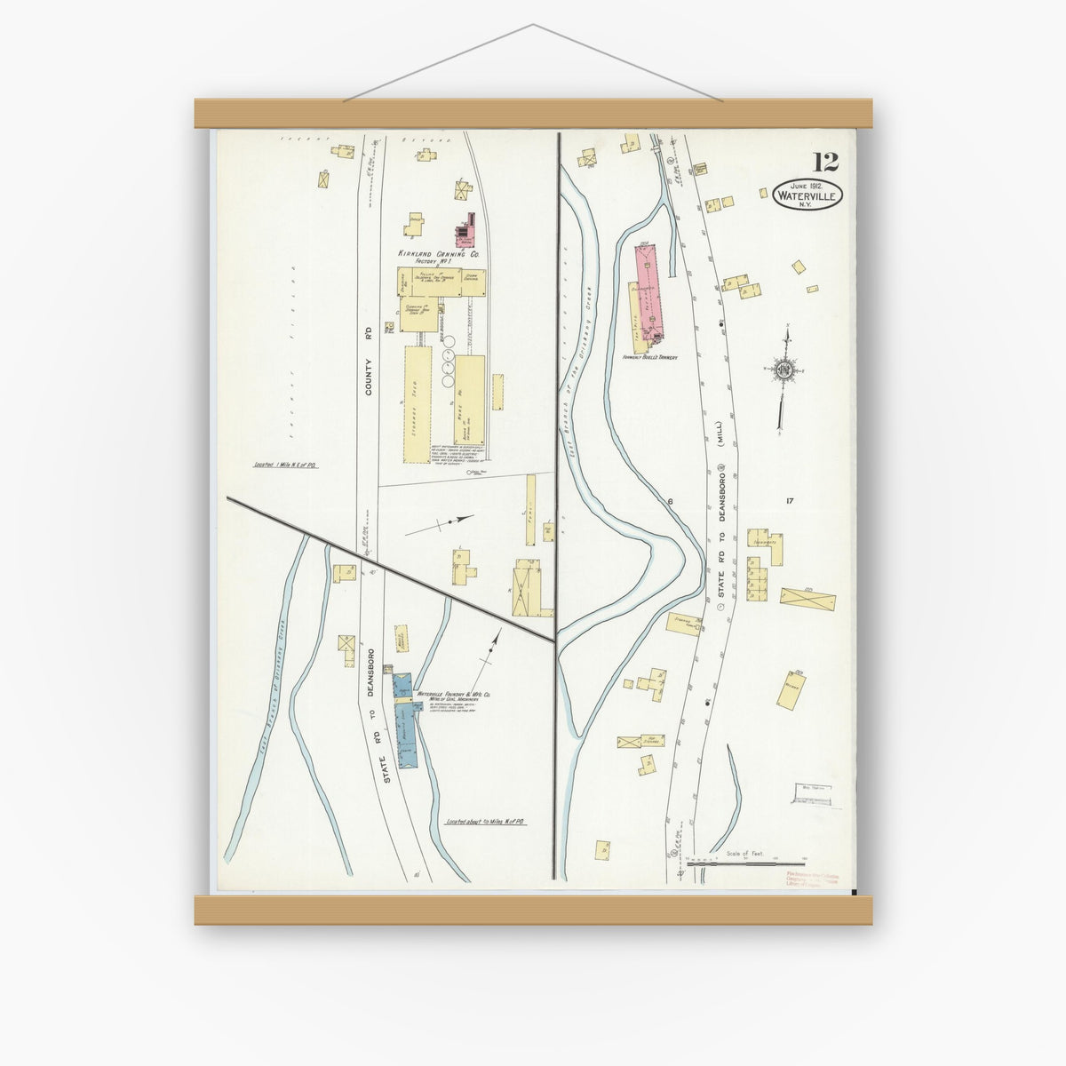 Old map wall art mockup — magnetic wood frame on white wall — Sanborn Fire Insurance Map from Waterville, Oneida County, New York (1912), Sheet #0012