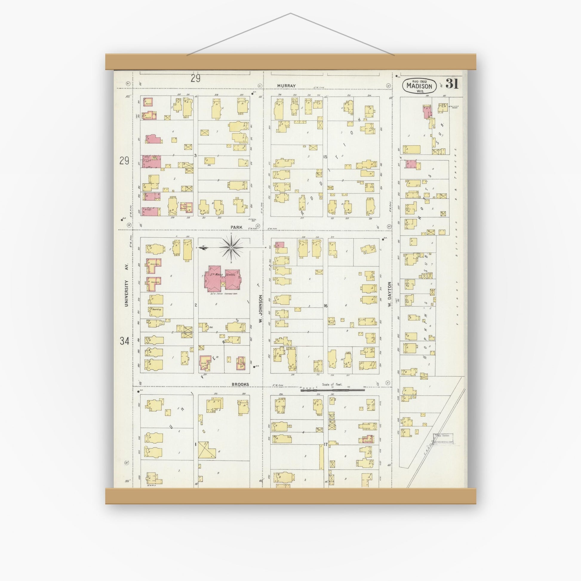 Old map wall art mockup — magnetic wood frame on white wall — Sanborn Fire Insurance Map from Madison, Dane County, Wisconsin (1902), Sheet #0031
