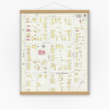 Old map wall art mockup — magnetic wood frame on white wall — Sanborn Fire Insurance Map from Madison, Dane County, Wisconsin (1902), Sheet #0031