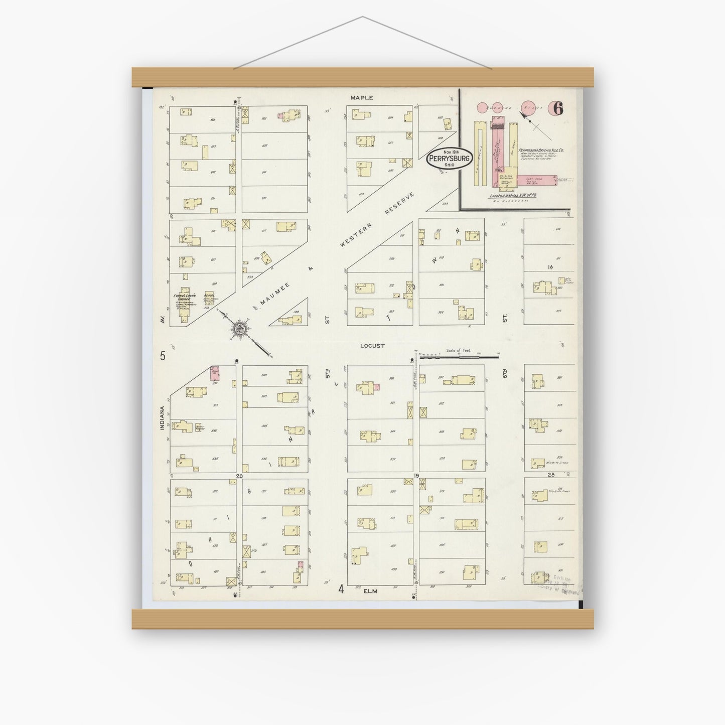 Old map wall art mockup — magnetic wood frame on white wall — Sanborn Fire Insurance Map from Perrysburg, Wood County, Ohio (1914), Sheet #0006