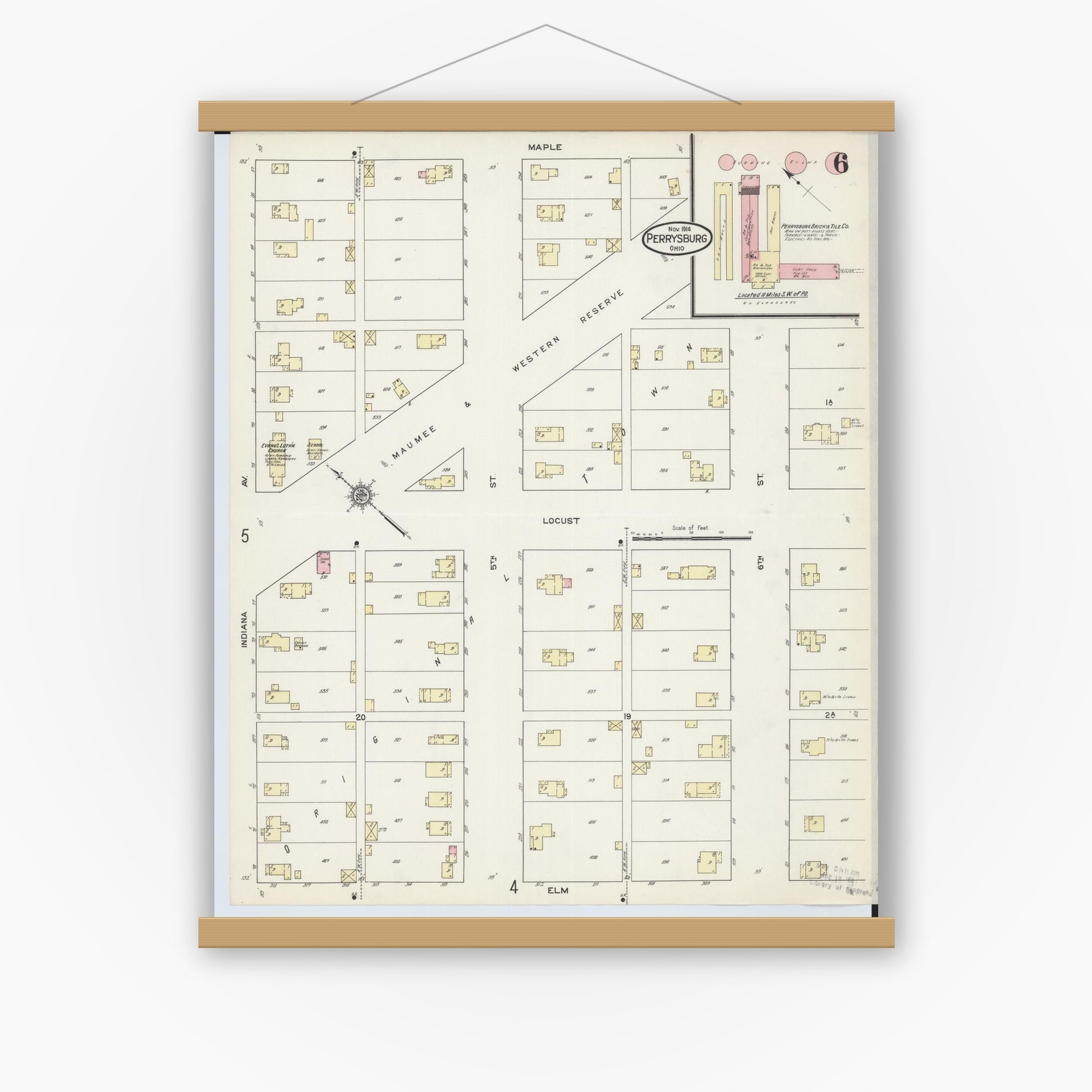 Old map wall art mockup — magnetic wood frame on white wall — Sanborn Fire Insurance Map from Perrysburg, Wood County, Ohio (1914), Sheet #0006