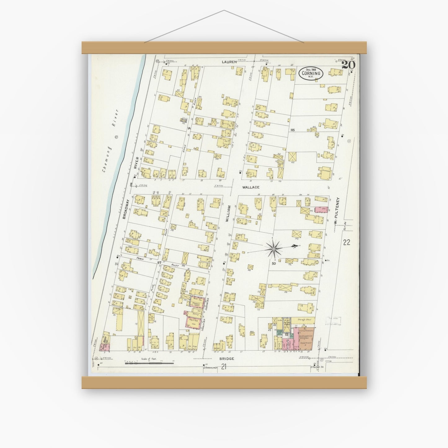 Old map wall art mockup — magnetic wood frame on white wall — Sanborn Fire Insurance Map from Corning, Steuben County, New York (1908), Sheet #0020