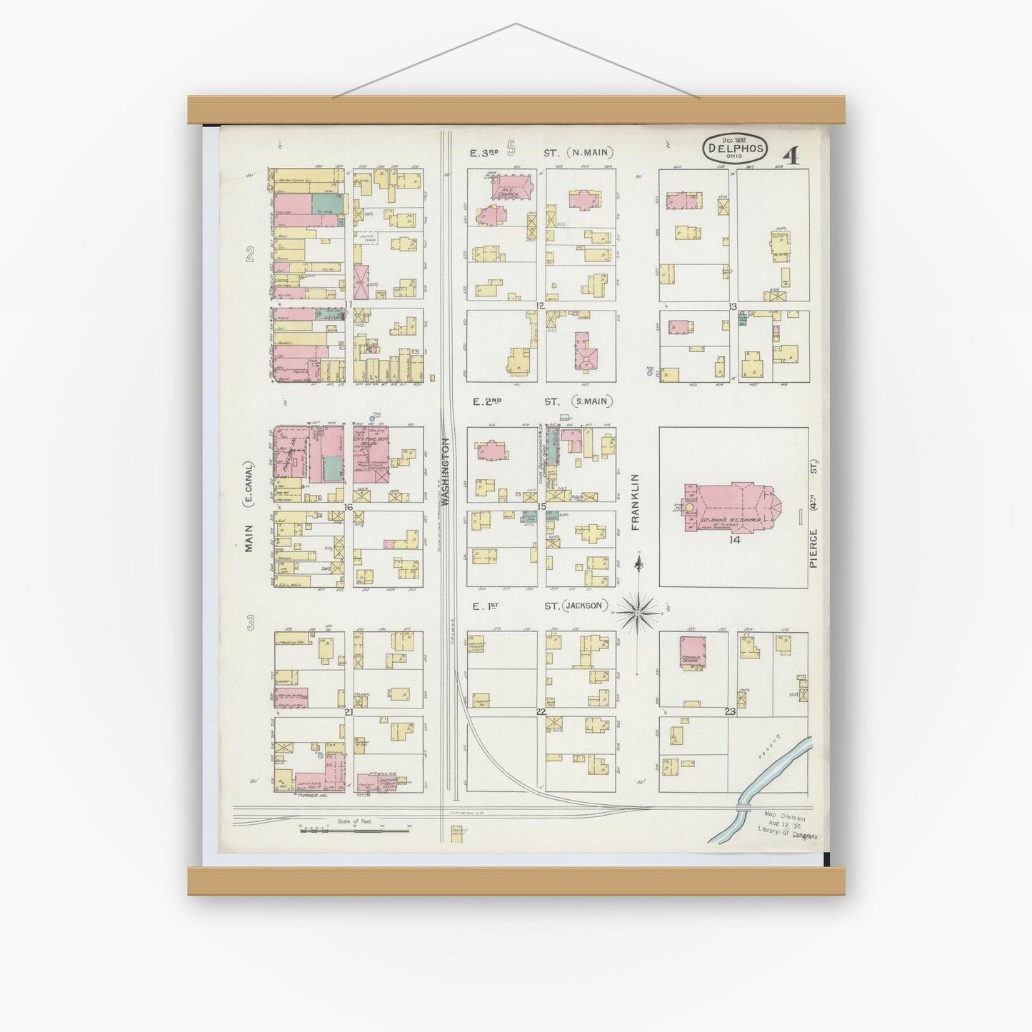 Old map wall art mockup — magnetic wood frame on white wall — Sanborn Fire Insurance Map from Delphos, Van Wert And Allen Counties, Ohio (1892), Sheet #0004