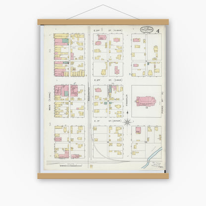 Old map wall art mockup — magnetic wood frame on white wall — Sanborn Fire Insurance Map from Delphos, Van Wert And Allen Counties, Ohio (1892), Sheet #0004