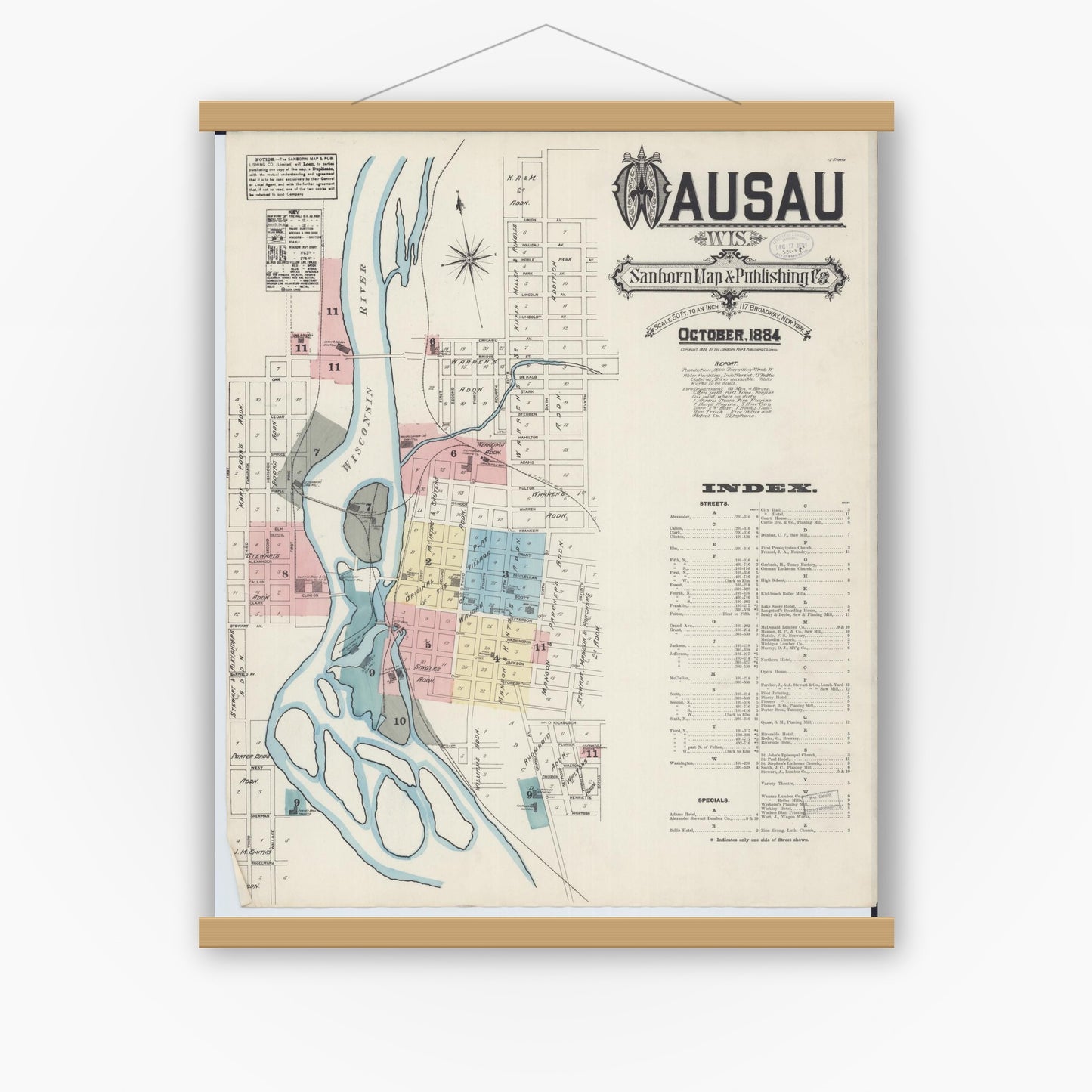 Old map wall art mockup — magnetic wood frame on white wall — Sanborn Fire Insurance Map from Wausau, Marathon County, Wisconsin (1884) - Complete Map Set